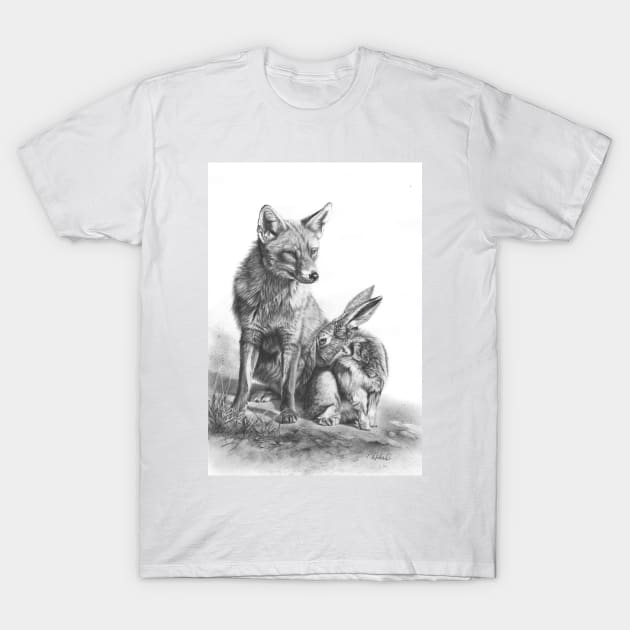 An Unlikely Alliance fox and hare pencil drawing T-Shirt by Mightyfineart